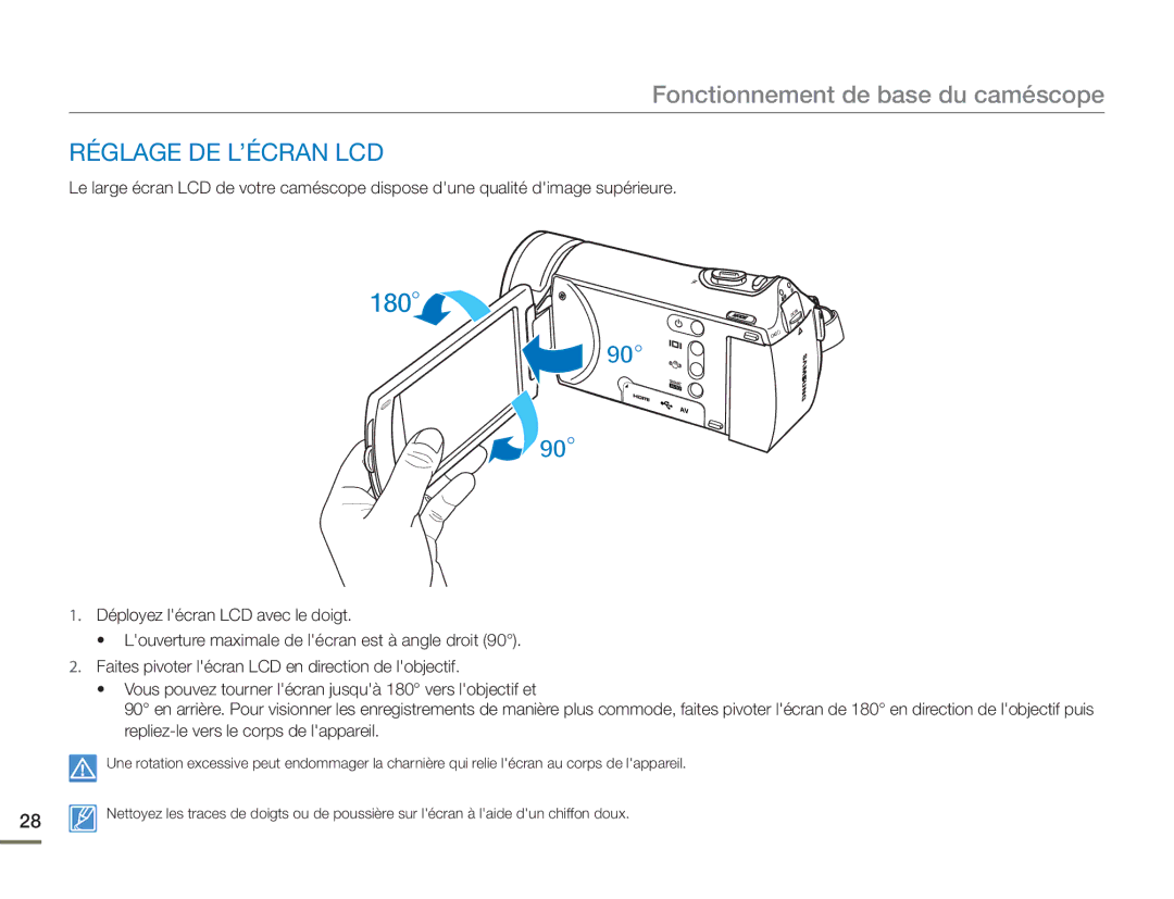 Samsung HMX-H400BP/EDC manual Fonctionnement de base du caméscope, Réglage DE L’ÉCRAN LCD 