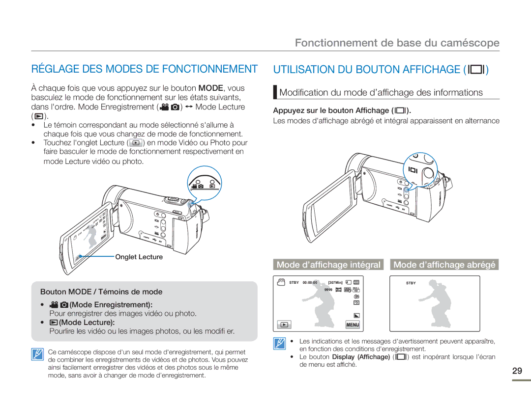 Samsung HMX-H400BP/EDC Réglage DES Modes DE Fonctionnement, Utilisation DU Bouton Affichage, Mode Lecture vidéo ou photo 