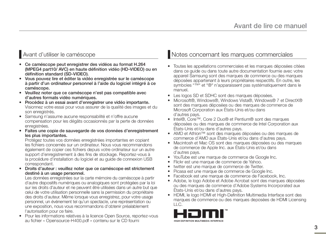 Samsung HMX-H400BP/EDC manual Avant de lire ce manuel 