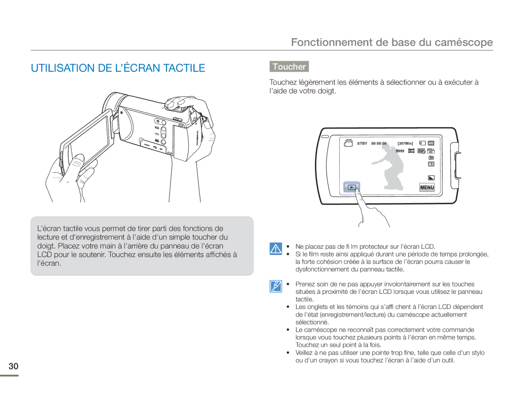 Samsung HMX-H400BP/EDC manual Utilisation DE L’ÉCRAN Tactile, Toucher 