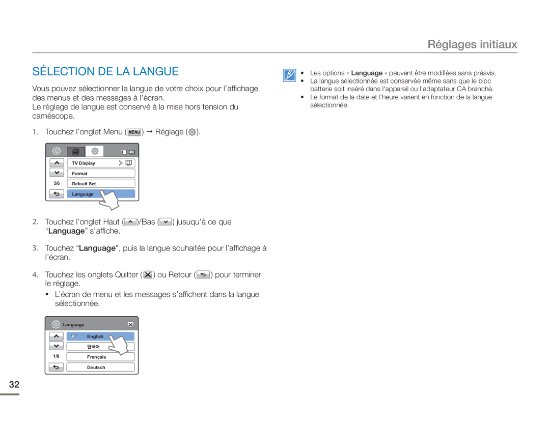 Samsung HMX-H400BP/EDC manual Réglages initiaux, Sélection DE LA Langue 