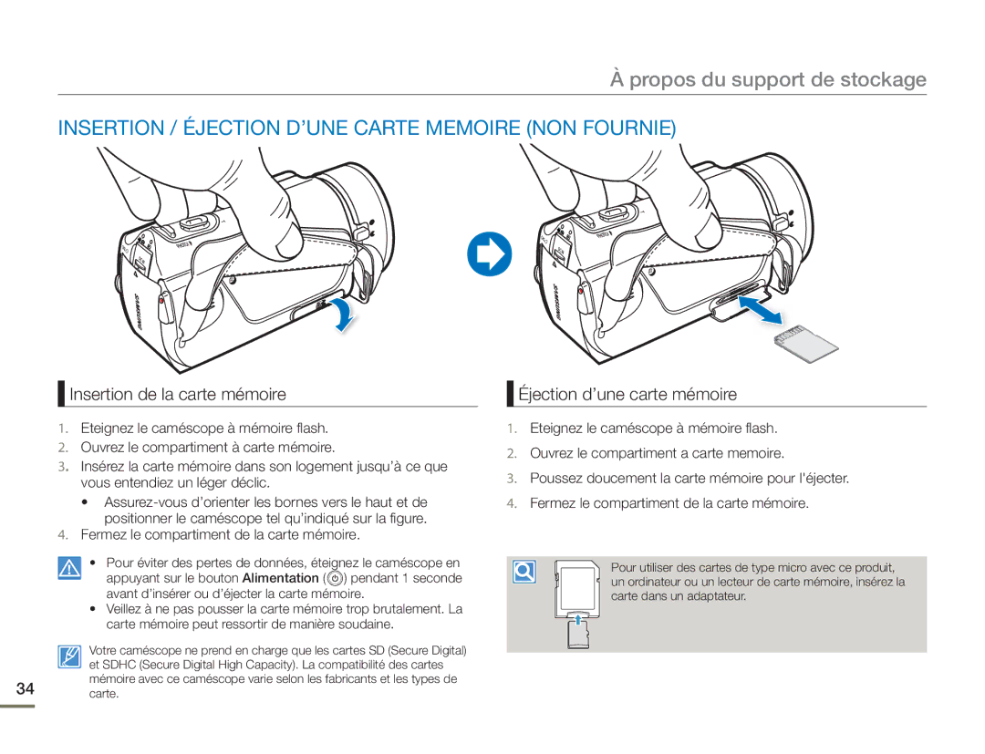 Samsung HMX-H400BP/EDC manual Propos du support de stockage, Insertion / Éjection D’UNE Carte Memoire NON Fournie 