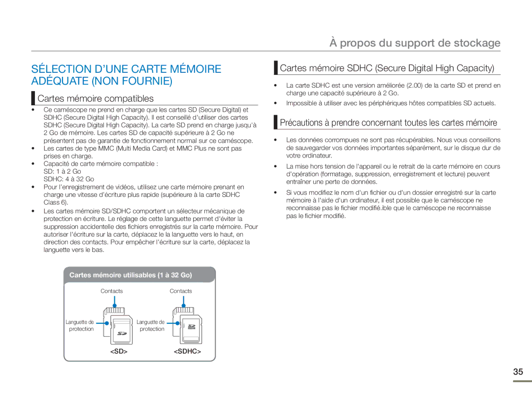 Samsung HMX-H400BP/EDC manual Sélection D’UNE Carte Mémoire Adéquate NON Fournie, Cartes mémoire compatibles 