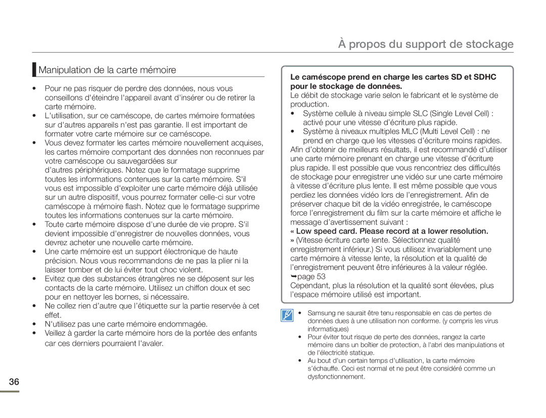 Samsung HMX-H400BP/EDC manual Manipulation de la carte mémoire 