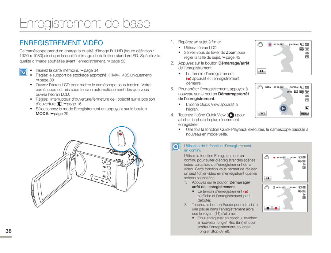 Samsung HMX-H400BP/EDC manual Enregistrement de base, Enregistrement Vidéo 