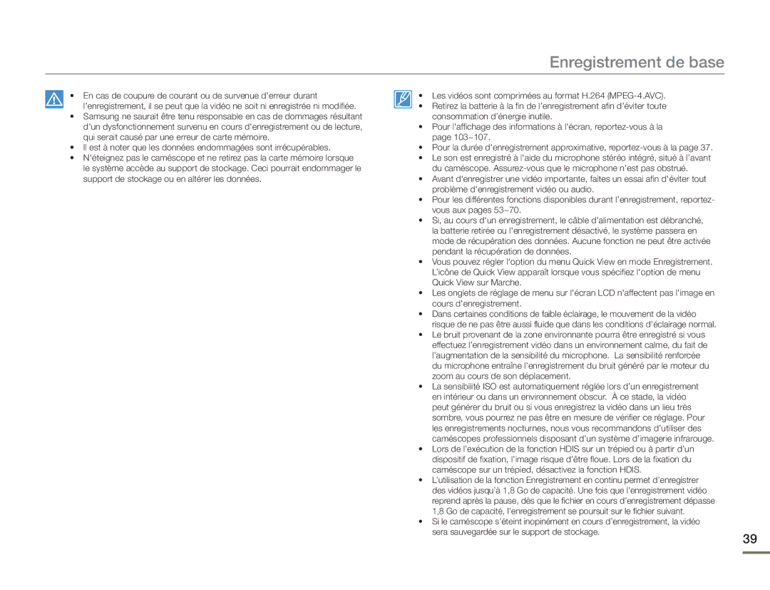 Samsung HMX-H400BP/EDC manual Enregistrement de base 