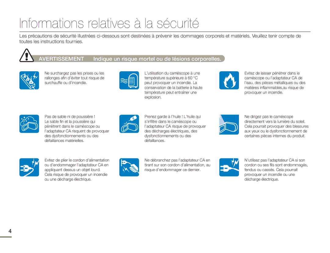 Samsung HMX-H400BP/EDC manual Informations relatives à la sécurité 