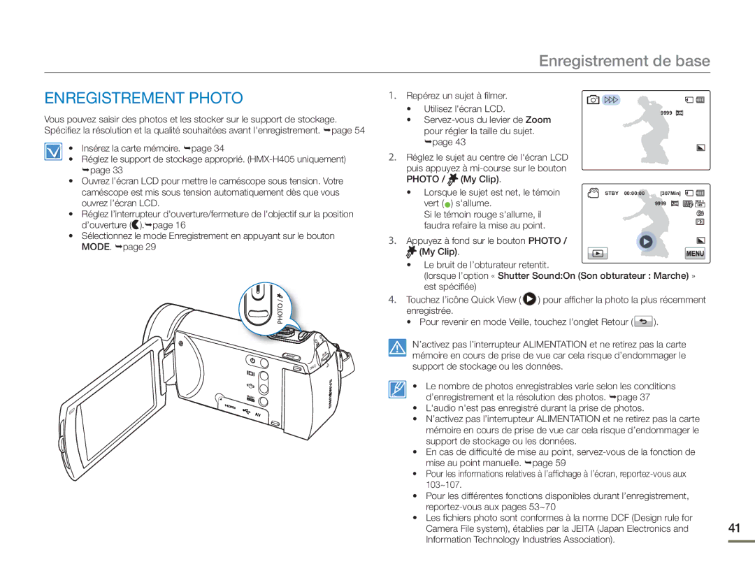 Samsung HMX-H400BP/EDC manual Enregistrement Photo 