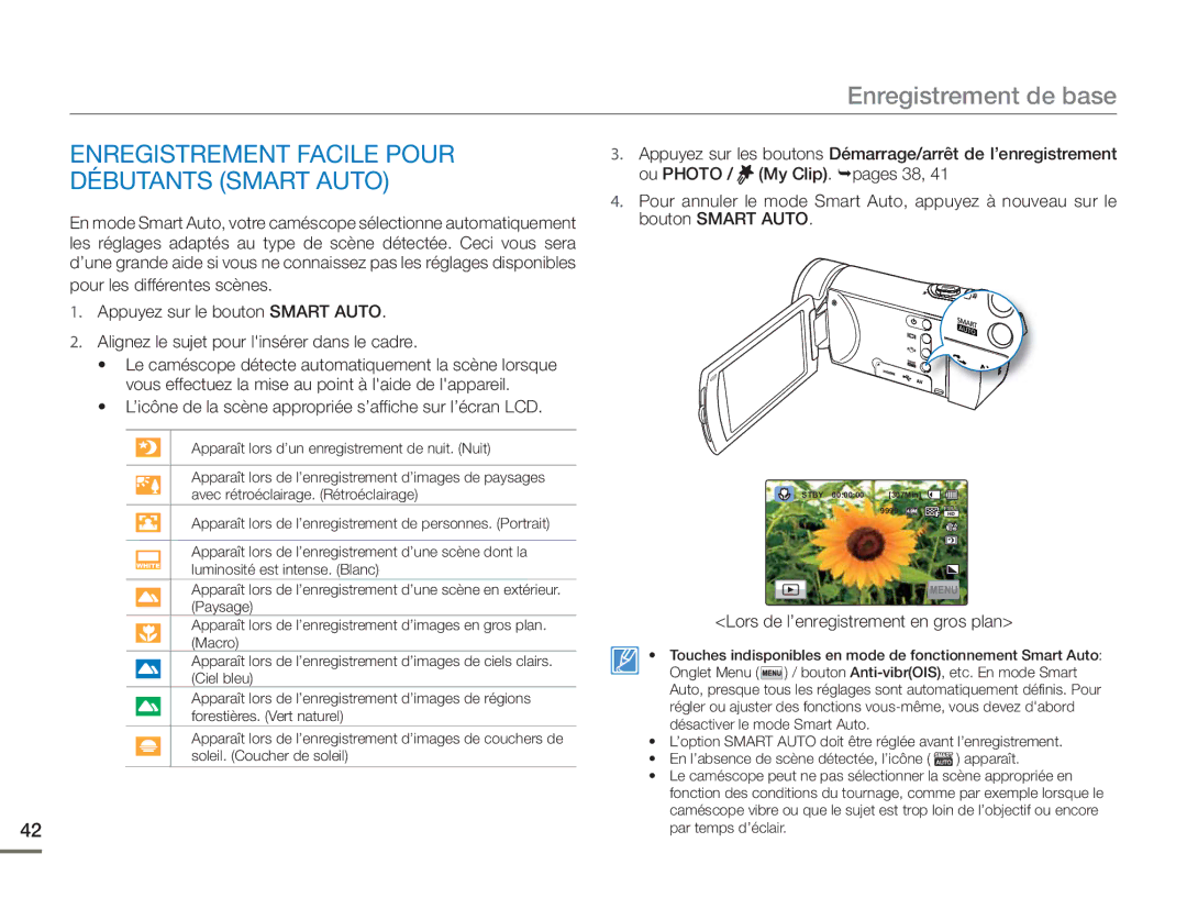 Samsung HMX-H400BP/EDC manual Enregistrement Facile Pour Débutants Smart Auto, Lors de l’enregistrement en gros plan 