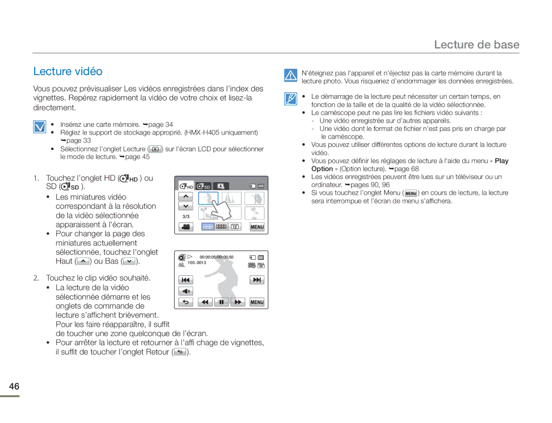 Samsung HMX-H400BP/EDC manual Lecture de base, Lecture vidéo, Touchez l’onglet HD HD ou SD SD, Haut Ou Bas 