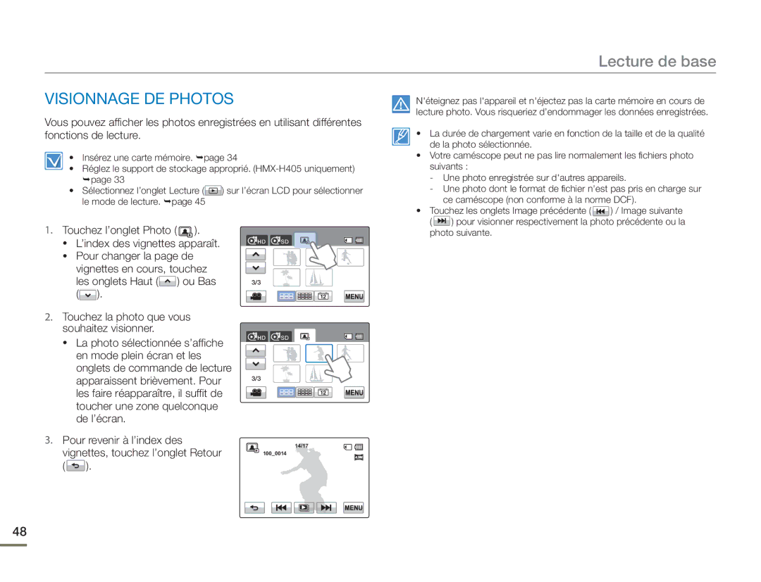 Samsung HMX-H400BP/EDC manual Visionnage DE Photos, Touchez l’onglet Photo 