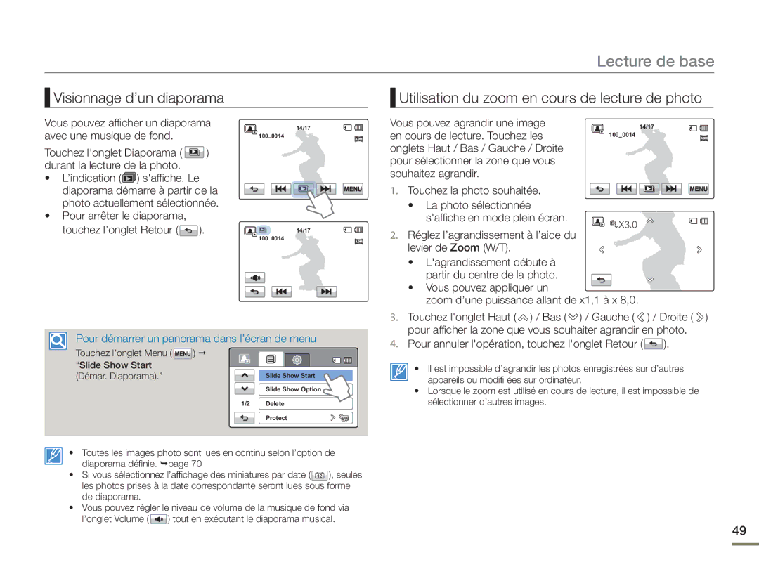 Samsung HMX-H400BP/EDC manual Touchez longlet Diaporama durant la lecture de la photo 