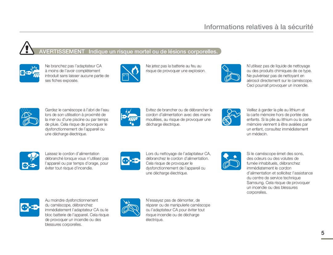 Samsung HMX-H400BP/EDC manual Informations relatives à la sécurité 