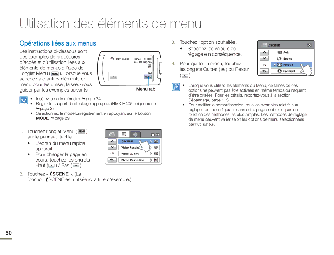 Samsung HMX-H400BP/EDC manual Utilisation des éléments de menu, Opérations liées aux menus, Haut / Bas 