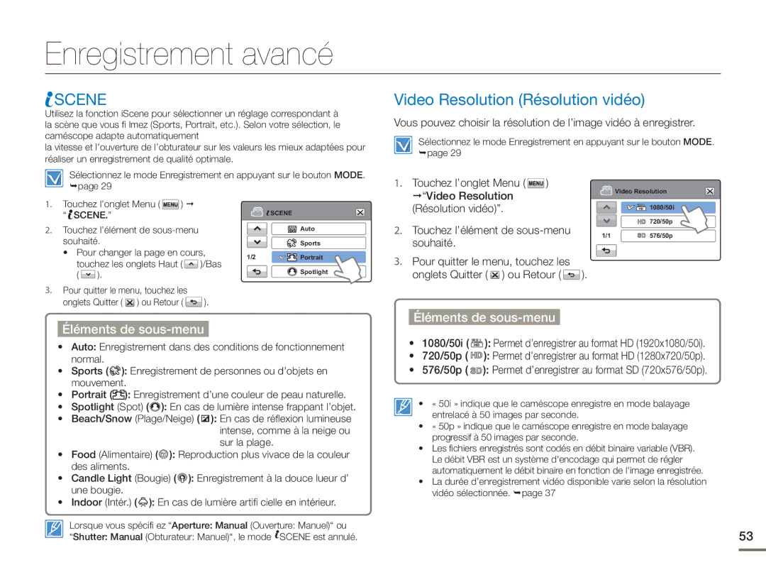 Samsung HMX-H400BP/EDC manual Enregistrement avancé, Scene, Video Resolution Résolution vidéo 