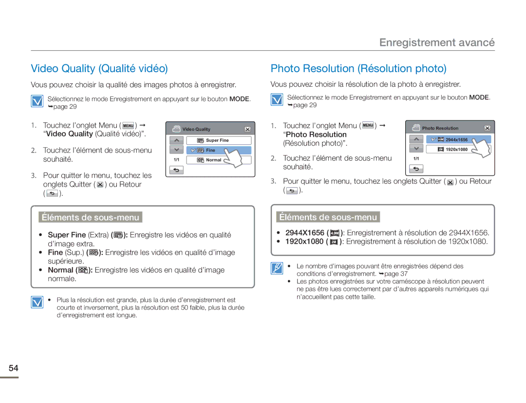 Samsung HMX-H400BP/EDC manual Enregistrement avancé, Video Quality Qualité vidéo, Photo Resolution Résolution photo 