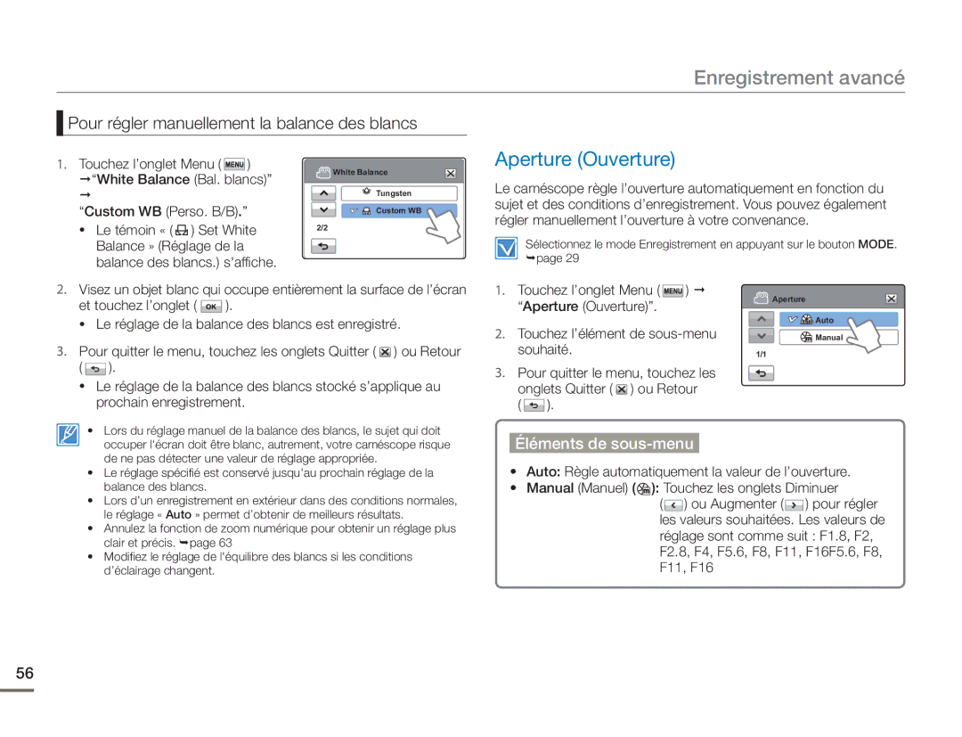 Samsung HMX-H400BP/EDC manual Aperture Ouverture, Pour régler manuellement la balance des blancs 