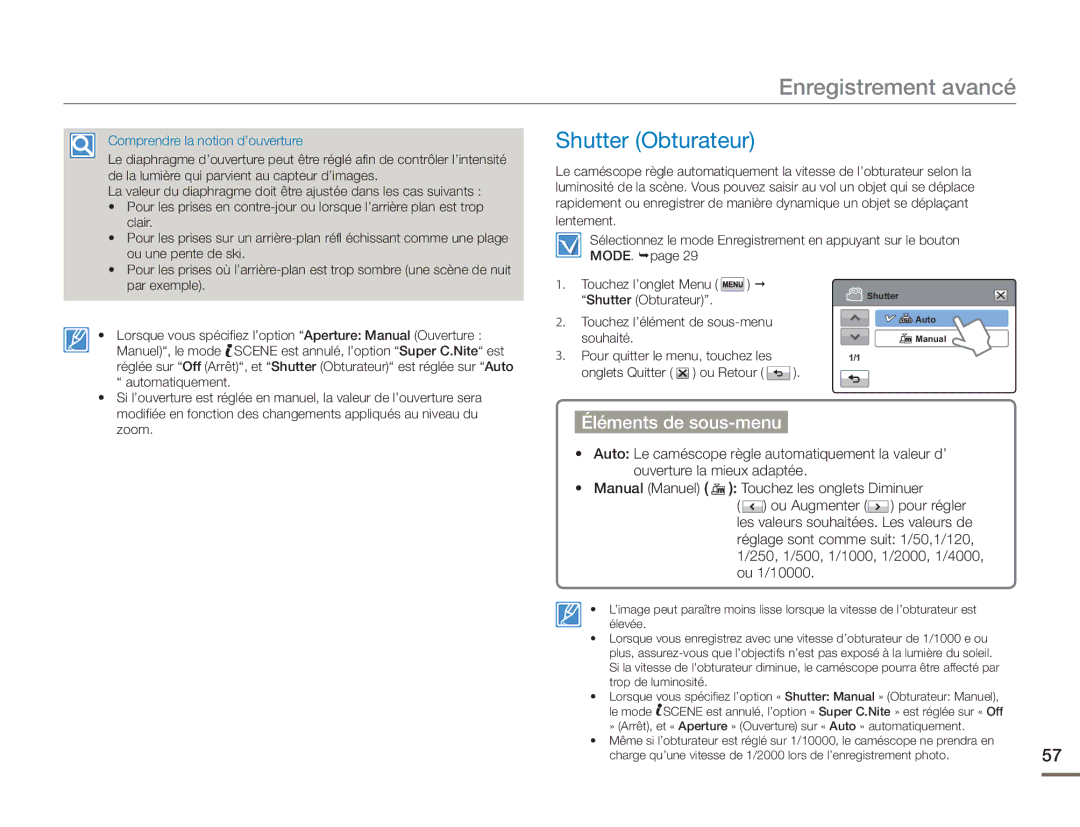 Samsung HMX-H400BP/EDC manual Shutter Obturateur 