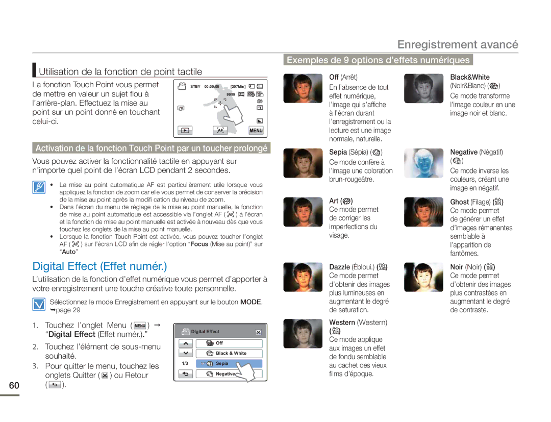 Samsung HMX-H400BP/EDC manual Digital Effect Effet numér, Utilisation de la fonction de point tactile 