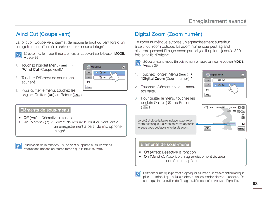 Samsung HMX-H400BP/EDC manual Digital Zoom Zoom numér, Touchez l’onglet Menu Wind Cut Coupe vent 