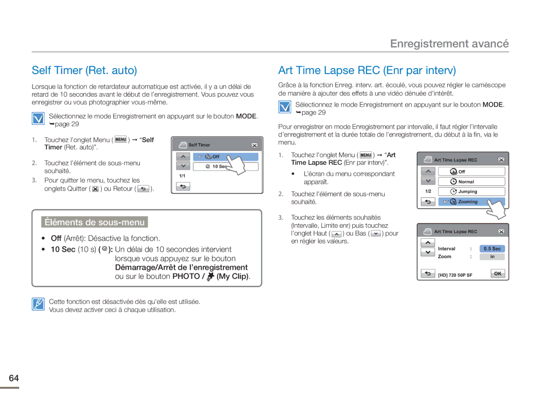 Samsung HMX-H400BP/EDC manual Self Timer Ret. auto, Art Time Lapse REC Enr par interv 