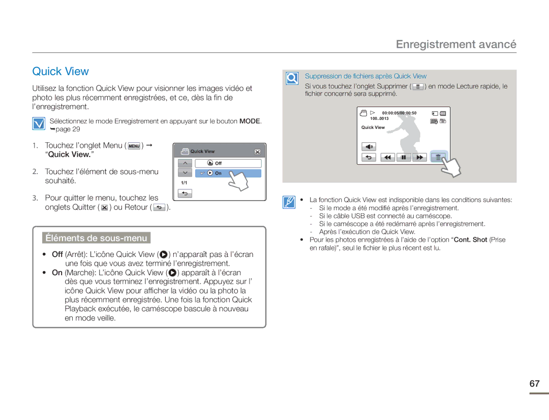 Samsung HMX-H400BP/EDC manual Quick View, Éléments de sous-menu 