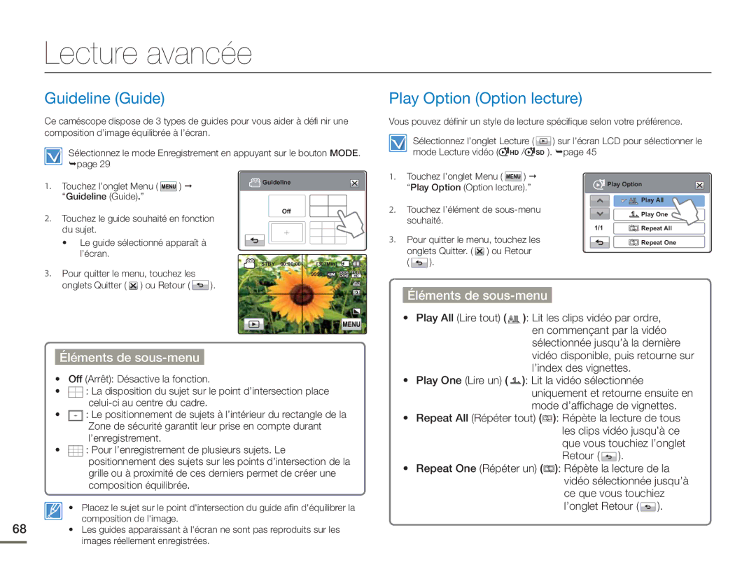 Samsung HMX-H400BP/EDC manual Lecture avancée, Guideline Guide, Play Option Option lecture 