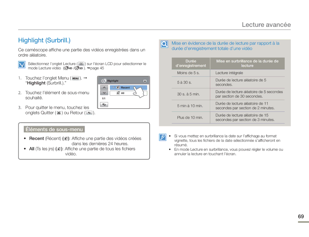 Samsung HMX-H400BP/EDC manual Lecture avancée, Highlight Surbrill 