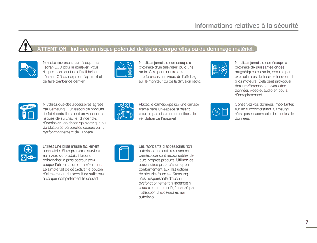 Samsung HMX-H400BP/EDC manual Informations relatives à la sécurité 