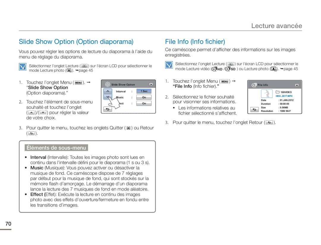 Samsung HMX-H400BP/EDC manual Slide Show Option Option diaporama, File Info Info fichier 