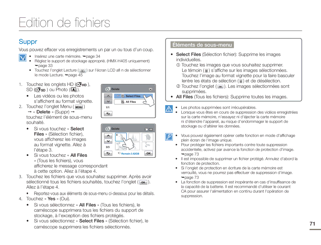 Samsung HMX-H400BP/EDC manual Edition de fichiers, Suppr 