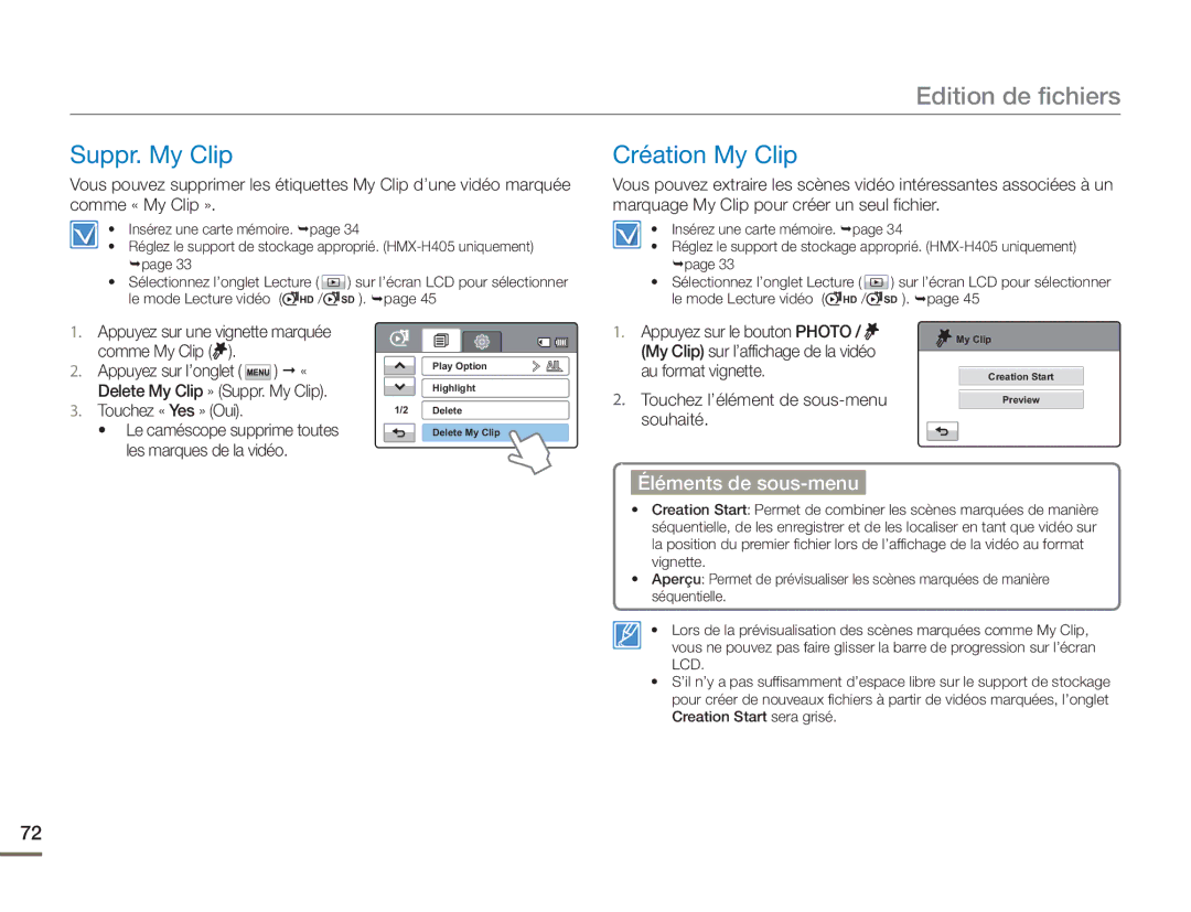 Samsung HMX-H400BP/EDC manual Edition de fichiers, Suppr. My Clip Création My Clip, Touchez « Yes » Oui 