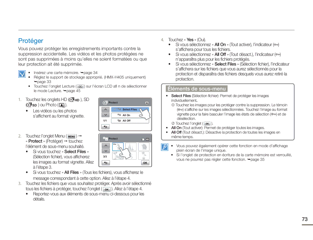 Samsung HMX-H400BP/EDC manual Protéger, Touchez les onglets HD HD , SD SD ou Photo, Détails 