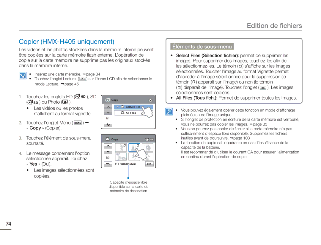 Samsung HMX-H400BP/EDC manual Copier HMX-H405 uniquement, « Yes » Oui, Copiées 