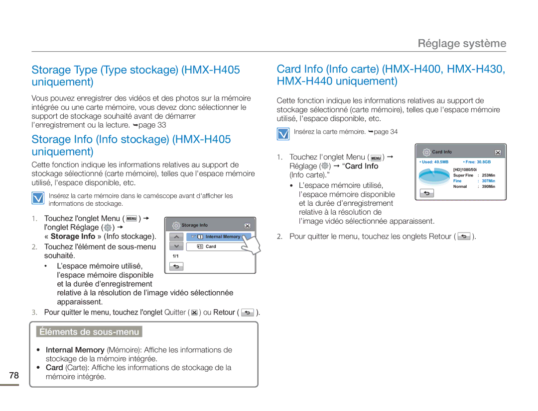 Samsung HMX-H400BP/EDC manual Réglage système, Storage Type Type stockage HMX-H405 uniquement 