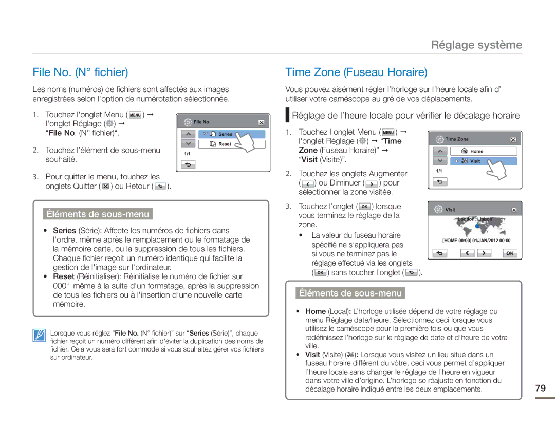 Samsung HMX-H400BP/EDC manual File No. N fichier Time Zone Fuseau Horaire, Sans toucher l’onglet 