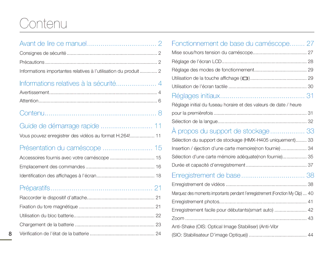 Samsung HMX-H400BP/EDC manual Contenu, Anti-Shake OIS Optical Image Stabiliser Anti-Vibr 