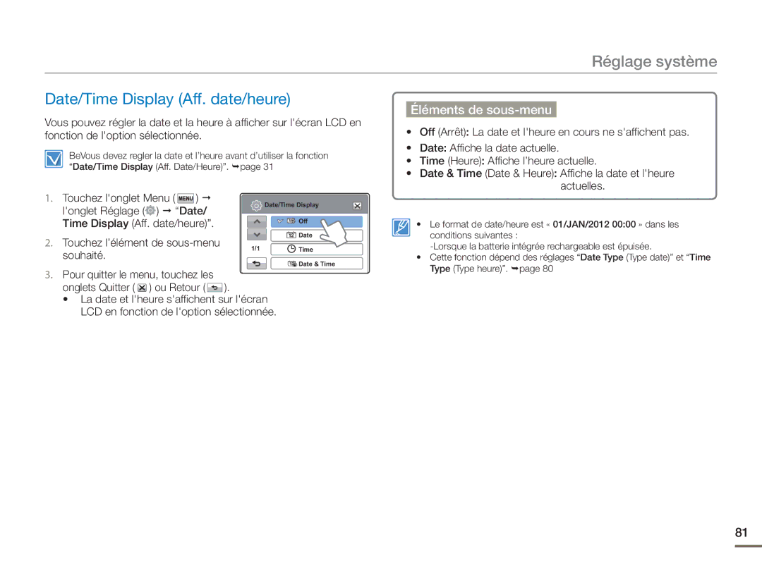 Samsung HMX-H400BP/EDC Date/Time Display Aff. date/heure, Pour quitter le menu, touchez les Onglets Quitter ou Retour 