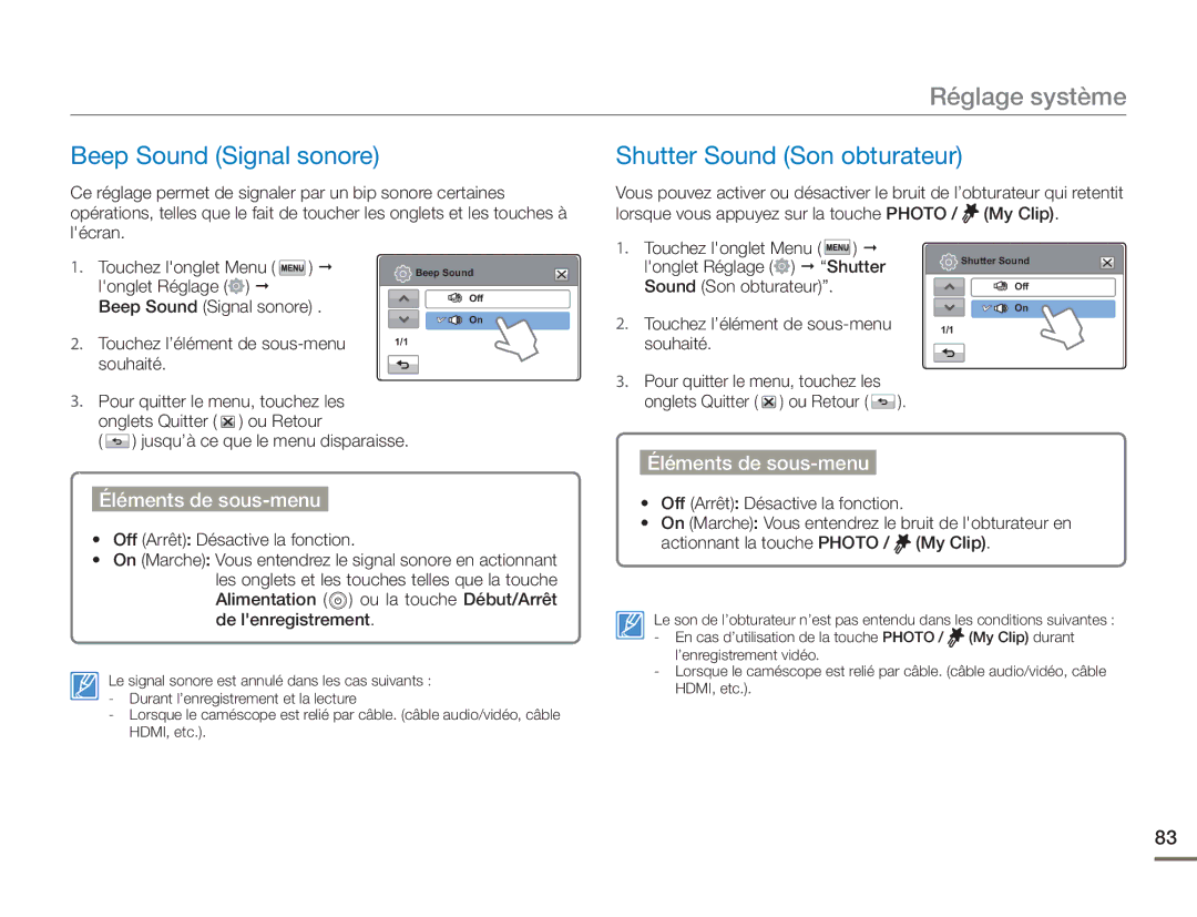 Samsung HMX-H400BP/EDC manual Beep Sound Signal sonore, Shutter Sound Son obturateur, Longlet Réglage Shutter 