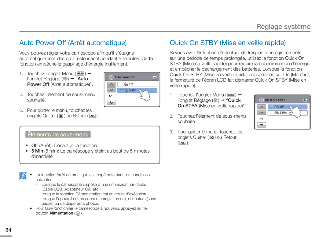 Samsung HMX-H400BP/EDC manual Auto Power Off Arrêt automatique, Quick On Stby Mise en veille rapide 