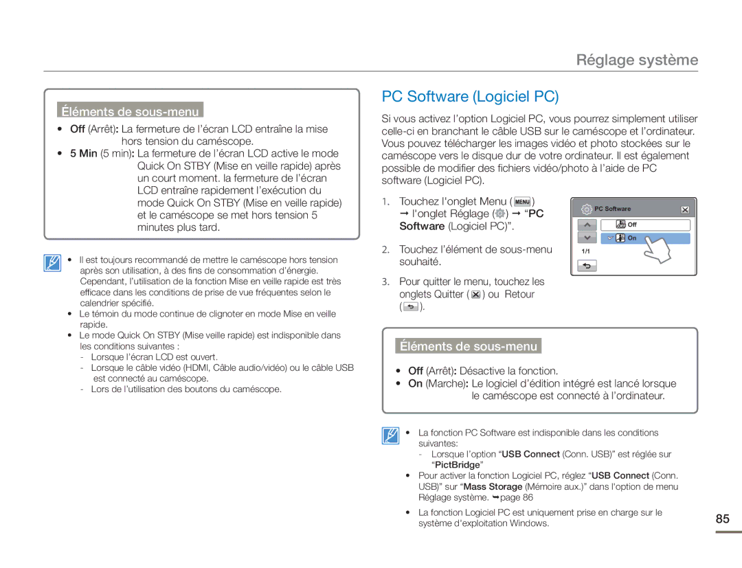 Samsung HMX-H400BP/EDC manual PC Software Logiciel PC,  Off Arrêt Désactive la fonction 