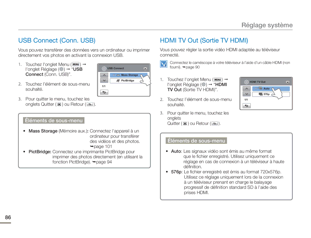 Samsung HMX-H400BP/EDC manual USB Connect Conn. USB, Hdmi TV Out Sortie TV Hdmi 