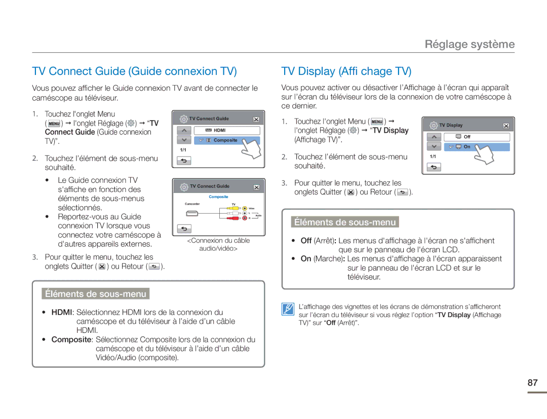 Samsung HMX-H400BP/EDC manual TV Connect Guide Guide connexion TV, TV Display Affi chage TV 