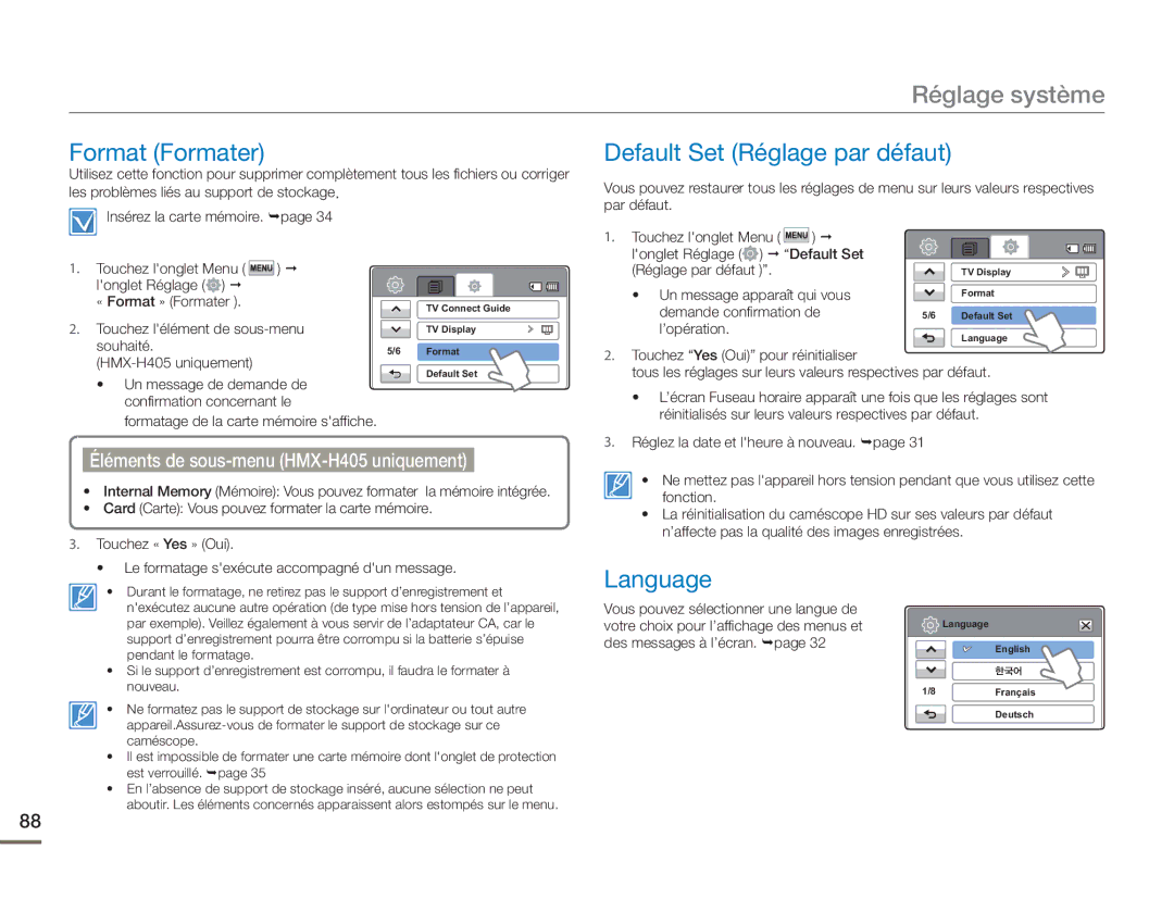 Samsung HMX-H400BP/EDC manual Format Formater, Default Set Réglage par défaut, Language 