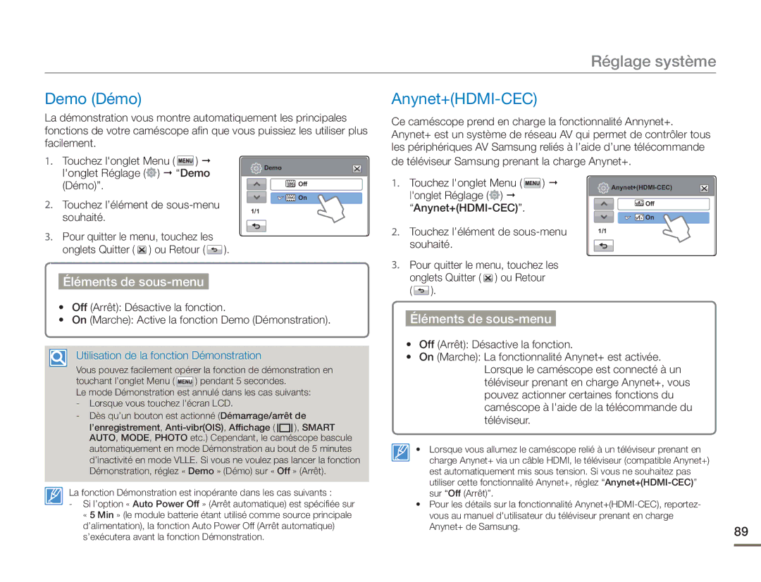 Samsung HMX-H400BP/EDC manual Demo Démo Anynet+HDMI-CEC, Longlet Réglage Demo 