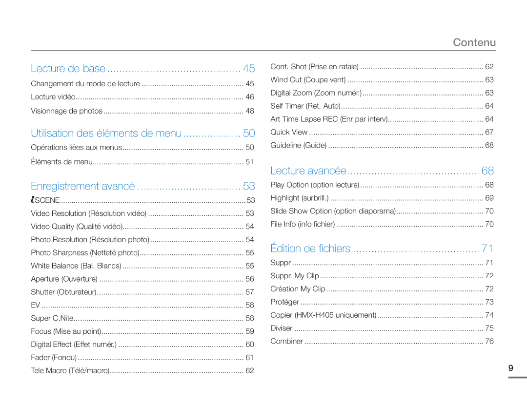 Samsung HMX-H400BP/EDC manual Contenu, Utilisation des éléments de menu 