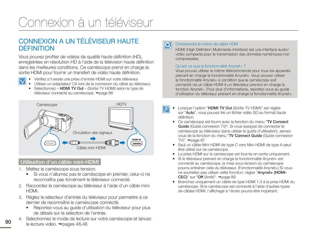 Samsung HMX-H400BP/EDC manual Connexion à un téléviseur, Connexion a UN Téléviseur Haute Définition 