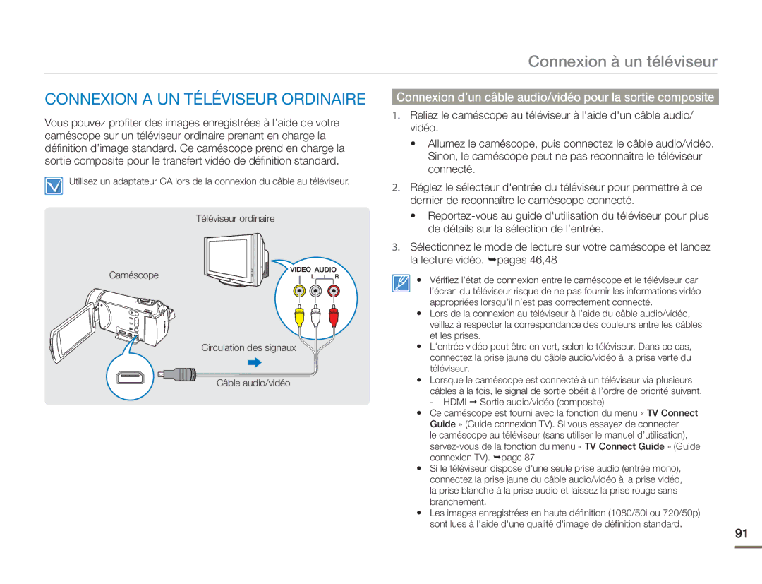 Samsung HMX-H400BP/EDC manual Connexion à un téléviseur, Connexion a UN Téléviseur Ordinaire 