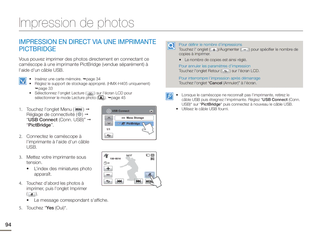 Samsung HMX-H400BP/EDC manual Impression de photos, Impression EN Direct VIA UNE Imprimante Pictbridge 