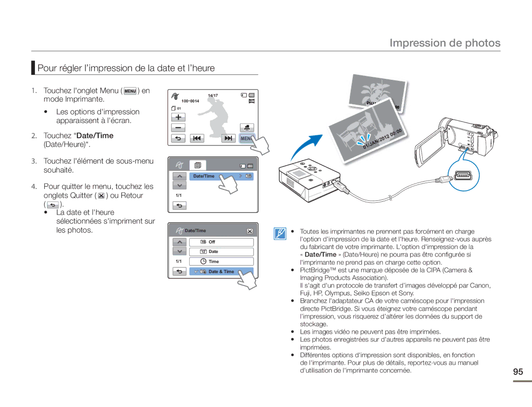 Samsung HMX-H400BP/EDC manual Impression de photos, Pour régler l’impression de la date et l’heure 